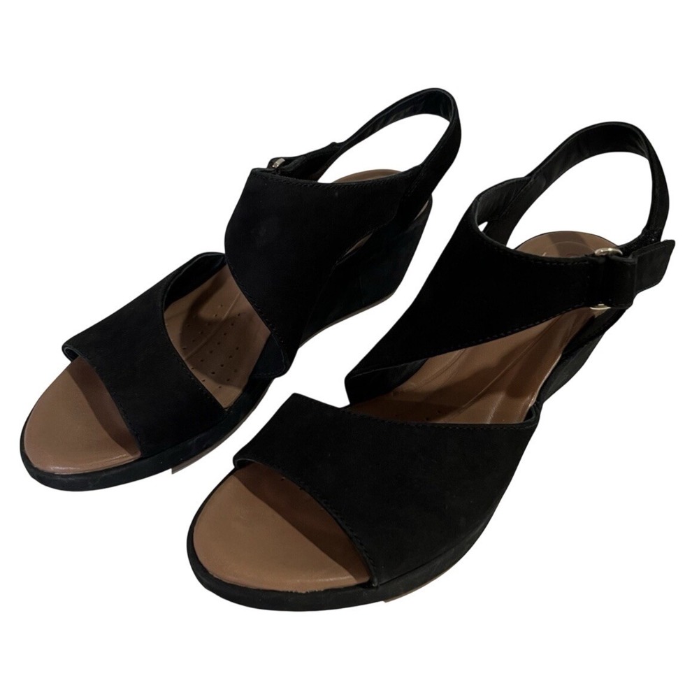 Clarks Unstructured Womens Black Un Plaza Sling Nubuck Leather Wedge Sandals 9
